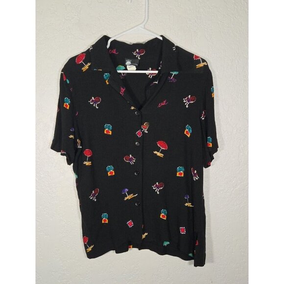 First Option Vintage Black Button Down Novelty Umbrella Chair Shirt Medium - Picture 1 of 6